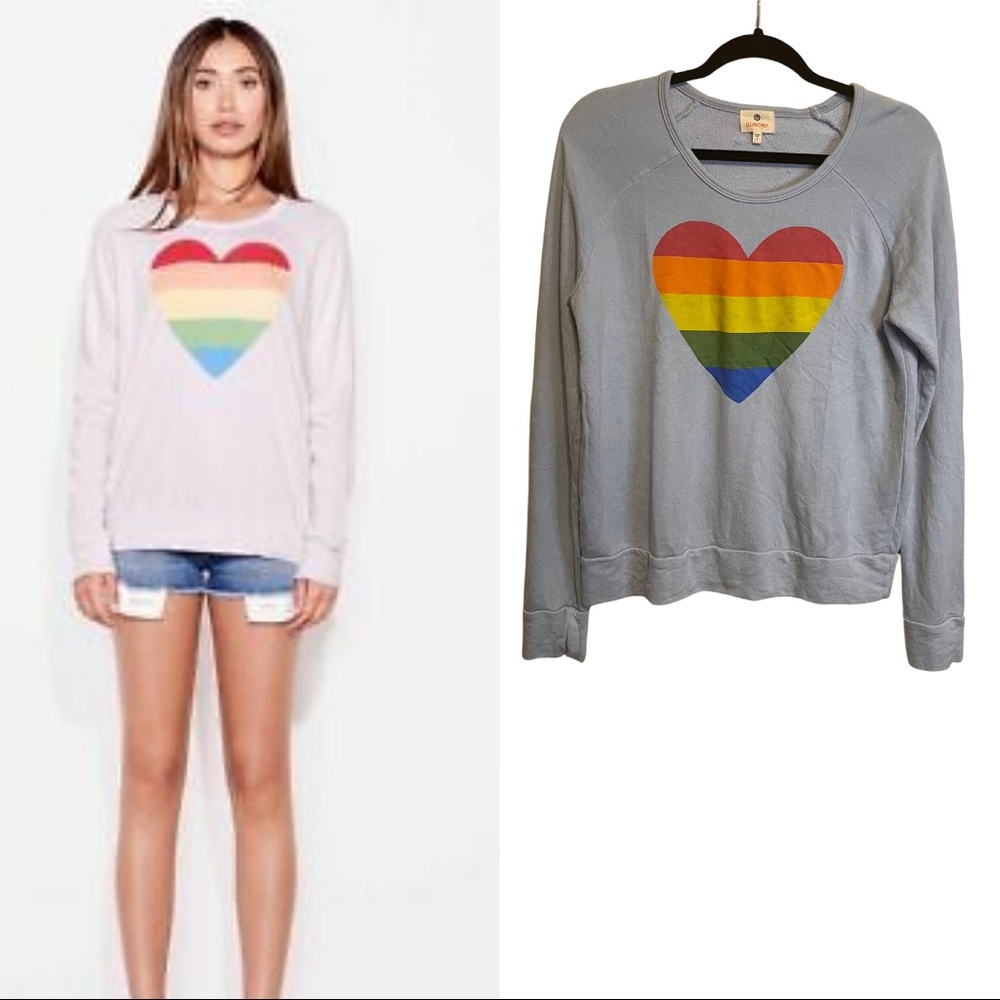 Sundry Baby Blue French Terry Rainbow Heart Crew Neck Sweatshirt NEW WITHOUT TAG